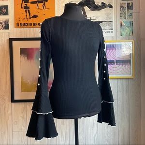 Bell Sleeve Exposed Stitching Pearl Ribbed Knit Top Office Business Casual